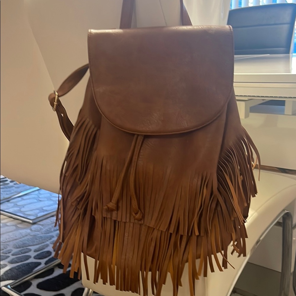 Brown Fringe Leather Backpack